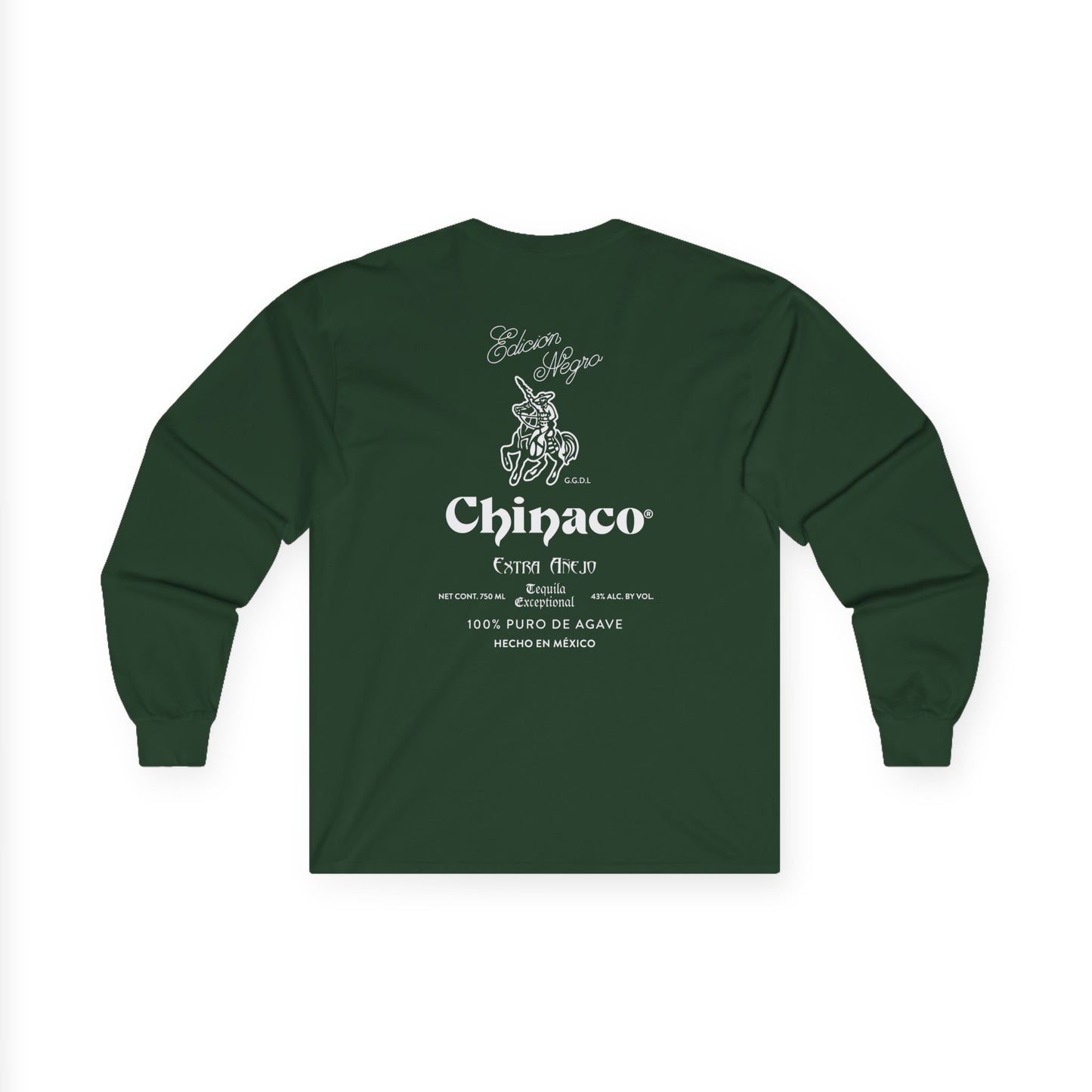 Chinaco Tequila Retro Long Sleeve Gildan 2400 T-Shirt with Front and Back Logo