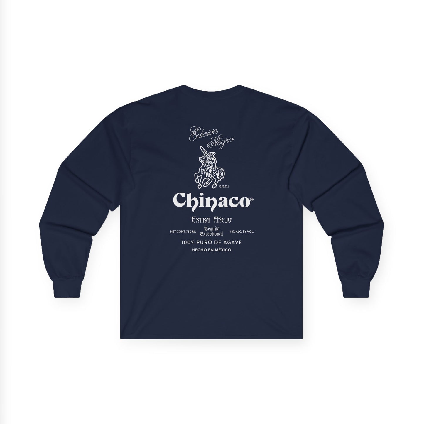 Chinaco Tequila Retro Long Sleeve Gildan 2400 T-Shirt with Front and Back Logo