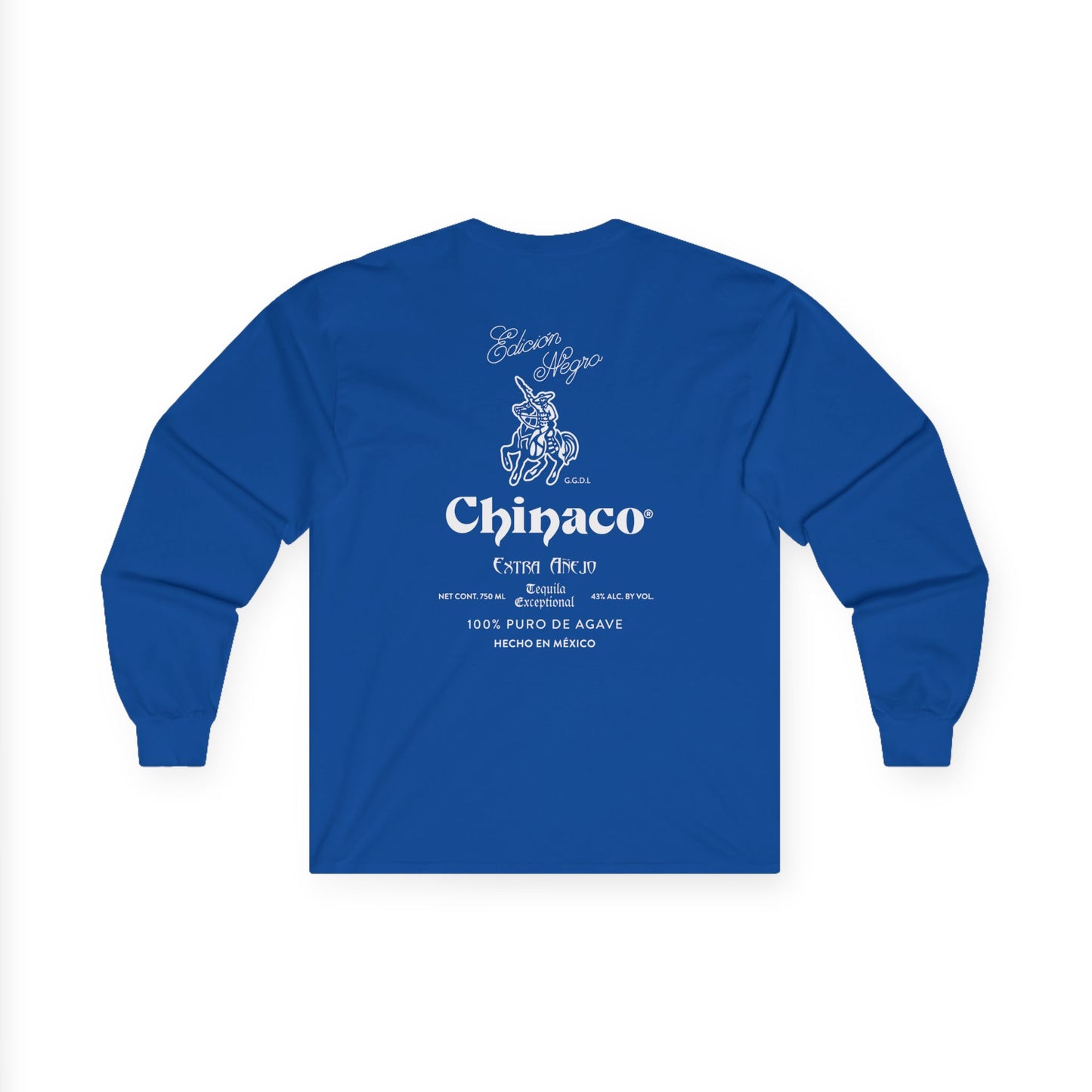 Chinaco Tequila Retro Long Sleeve Gildan 2400 T-Shirt with Front and Back Logo